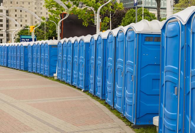 a row of portable restrooms at a fairground, offering visitors a clean and hassle-free experience in prague